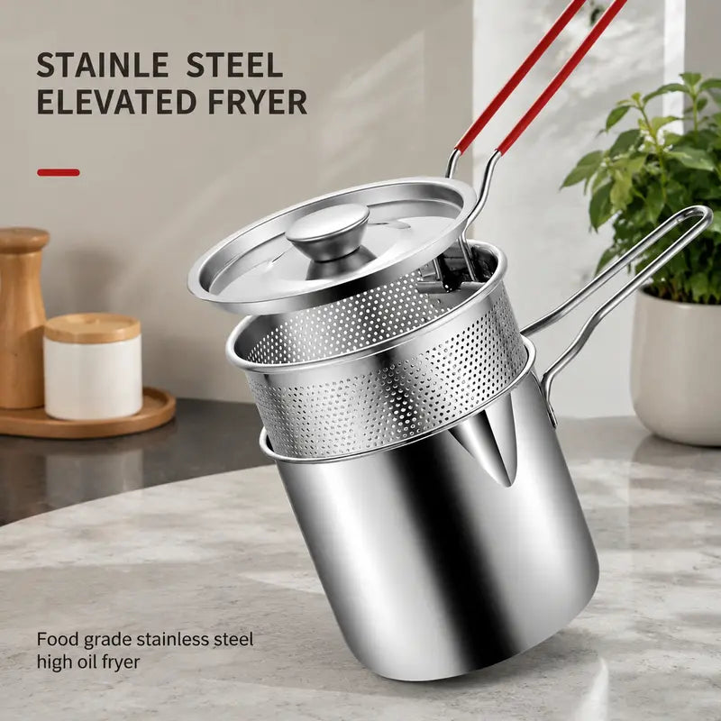 ๐ Personal Mini Deep Fryer Set โ Stainless Steel Pot with Lift-Out Draining Basket & Food Tongs