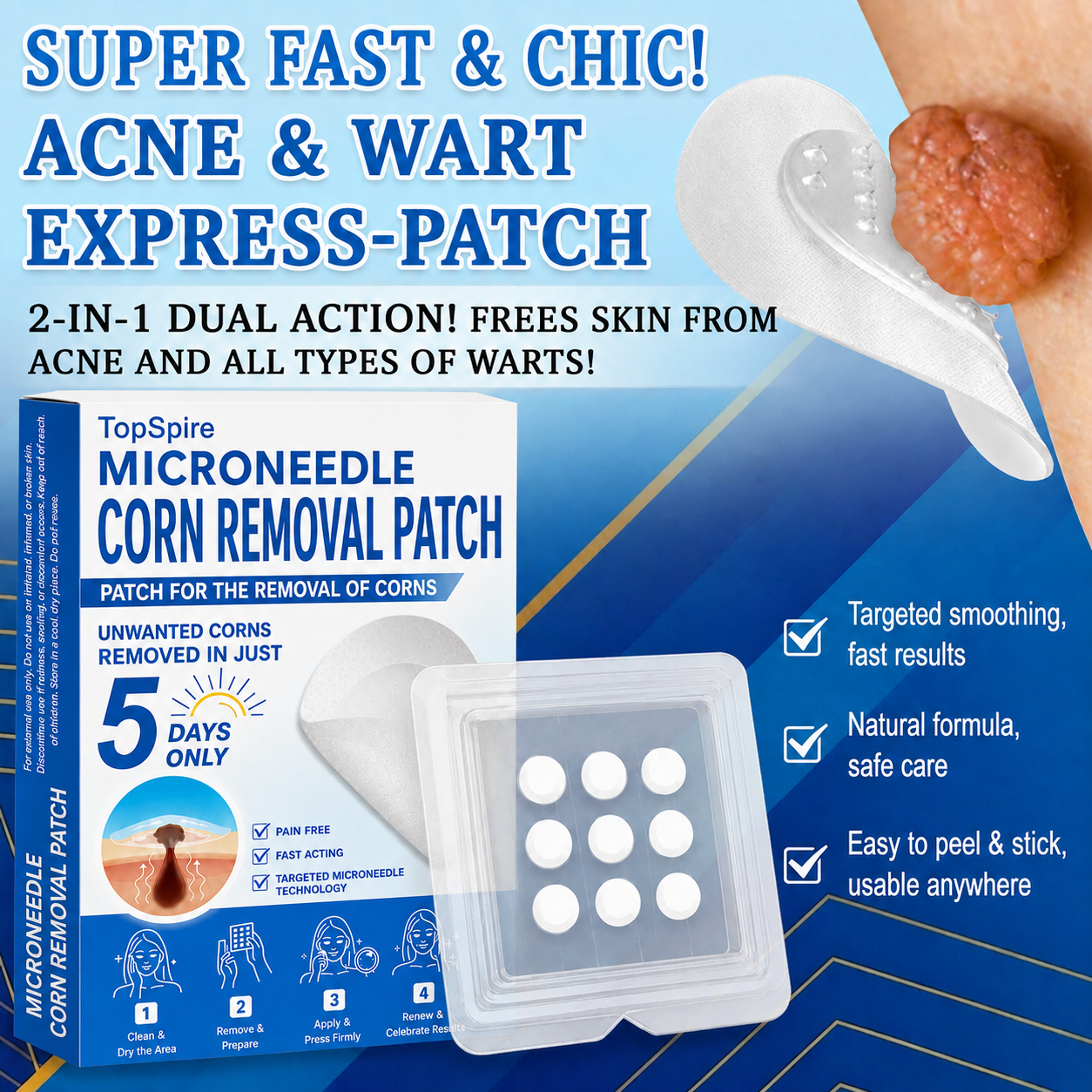 💖TopSpire® 2-in-1 Microneedle & Hydrocolloid Patch | Targeted Solution for Raised Moles, Acne, Flat Warts & Skin Tags | Helps Improve the Appearance of Fine Lines, Scars & Skin Imperfections | Invisible Star Pimple Patches for Face & Body